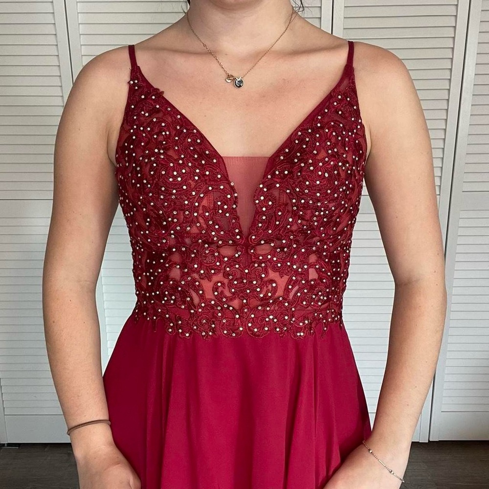 Red Beaded Gown with Sequin V Neck